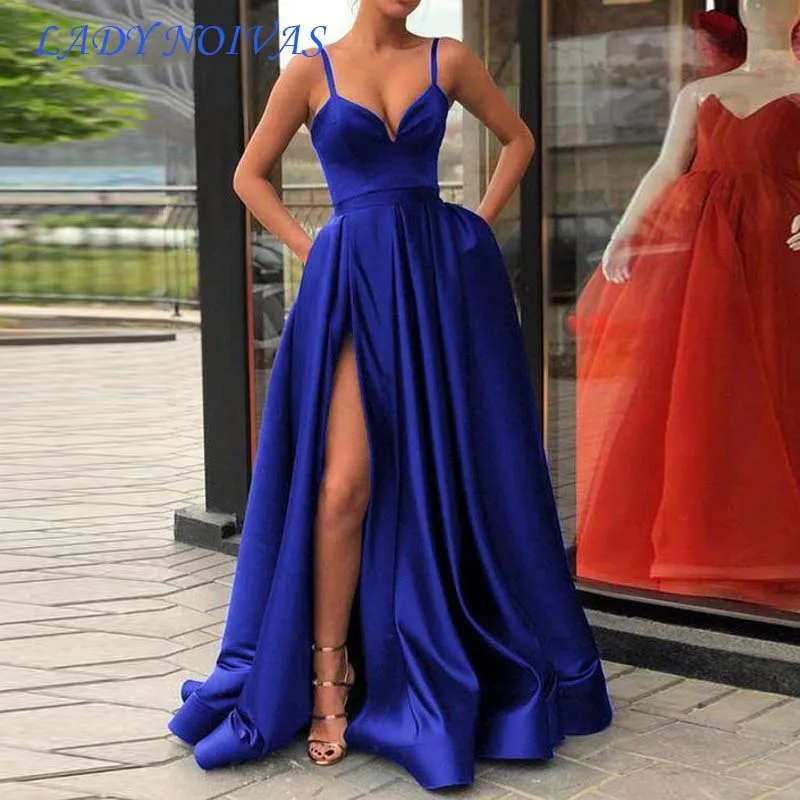 

Vestidos De Gala Royal Blue Satin Prom Dresses Long Sexy High Split Robe De Bal Femme Longue Plus Size Red Evening Dress Prom