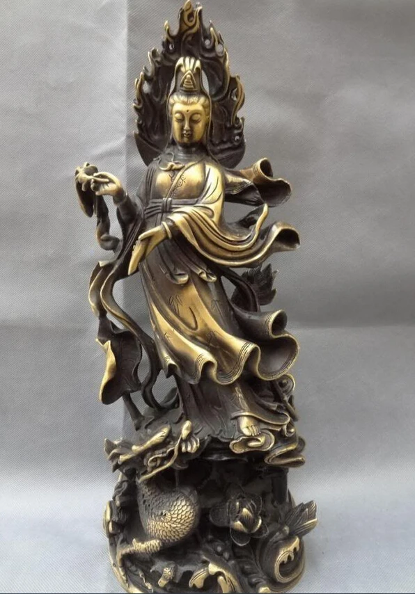 

S5497 17" Chinese Bronze Cloud GuanYin Pot Kwan-Yin Bodhisattva Ride Dragon Statue D0318