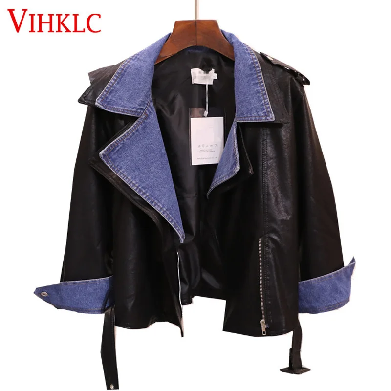 

High Quality New Fashion 2017 Designer Jacket Women's Denim Patchwork Faux Leather Jacket H894