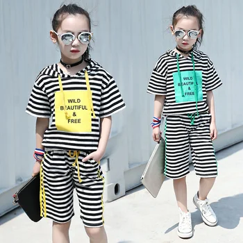 

Kids Clothes Tracksuits Summer Children Striped Casual Sport Suit Short sleeve T-shirt+ Pants Girls 2Pcs/Set Teen Girl Clothing