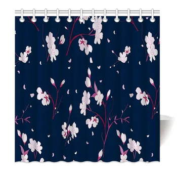 

HommomH Shower Curtain Weights Resistant Waterproof Fabric With Hooks Bathroom Simple Style Cherry Blossoms