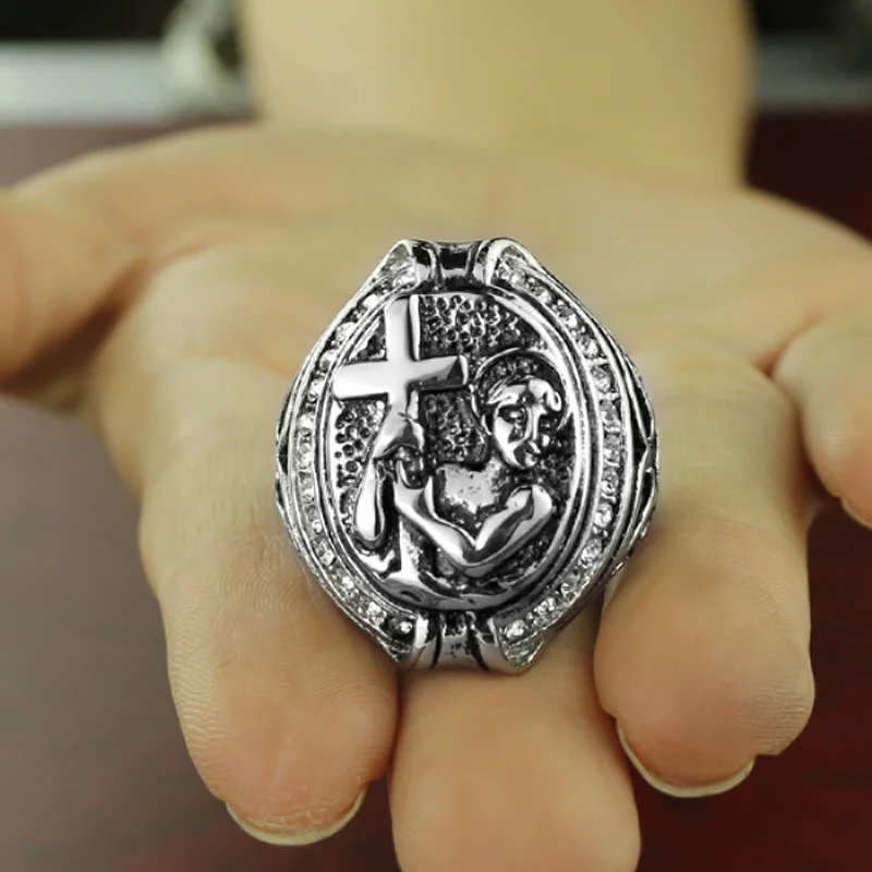 

Jesus Cross White Cubic Zirconia Ring for Men Silver Tone Stainless Steel Crucifix CZ Band Male Jewelry Anel Aneis Masculinos