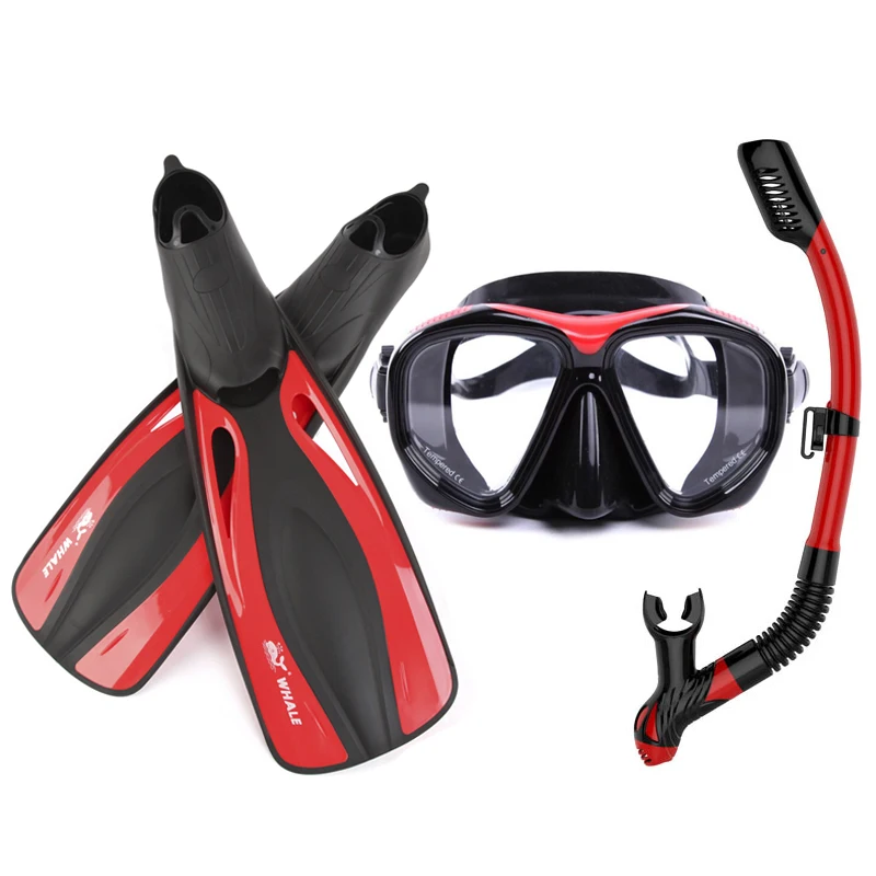 Professional Tempered Glass Diving Mask+Snorkels Scuba+Fins Set M-XL Goggles Glasses Diving Swimming Fins Flippers Equipment