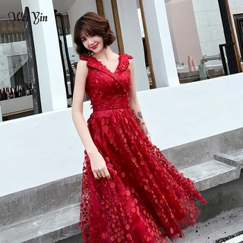 

wei yin Wine Red Evening Dresses Long 2020 A-Line V-Neck Prom Dresses Lace Flower Robe de Soiree Evening Party Gown WY1717