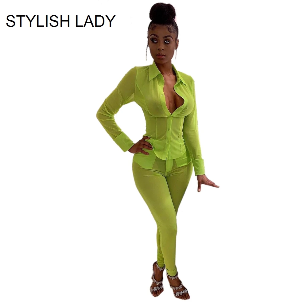 

STYLISH LADY Neon Green Mesh 2 Piece Set Women 2019 Summer See Through Long Sleeve Turn Down Collar Shirt and Long Pencil Outfit