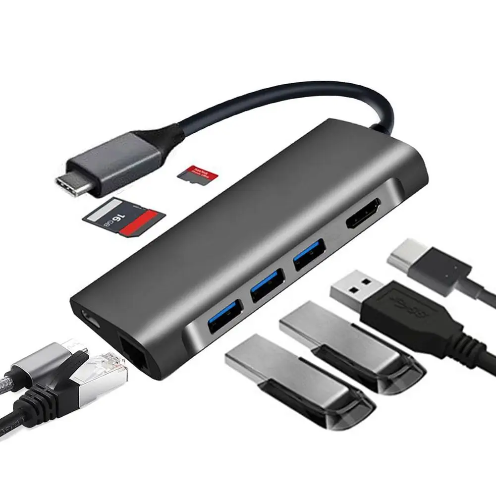 

HOT PIO 8 in 1 Type-C to USB 3.0 4K HDMI Ethernet RJ45 Micro SD PD Charging Adapter Hub