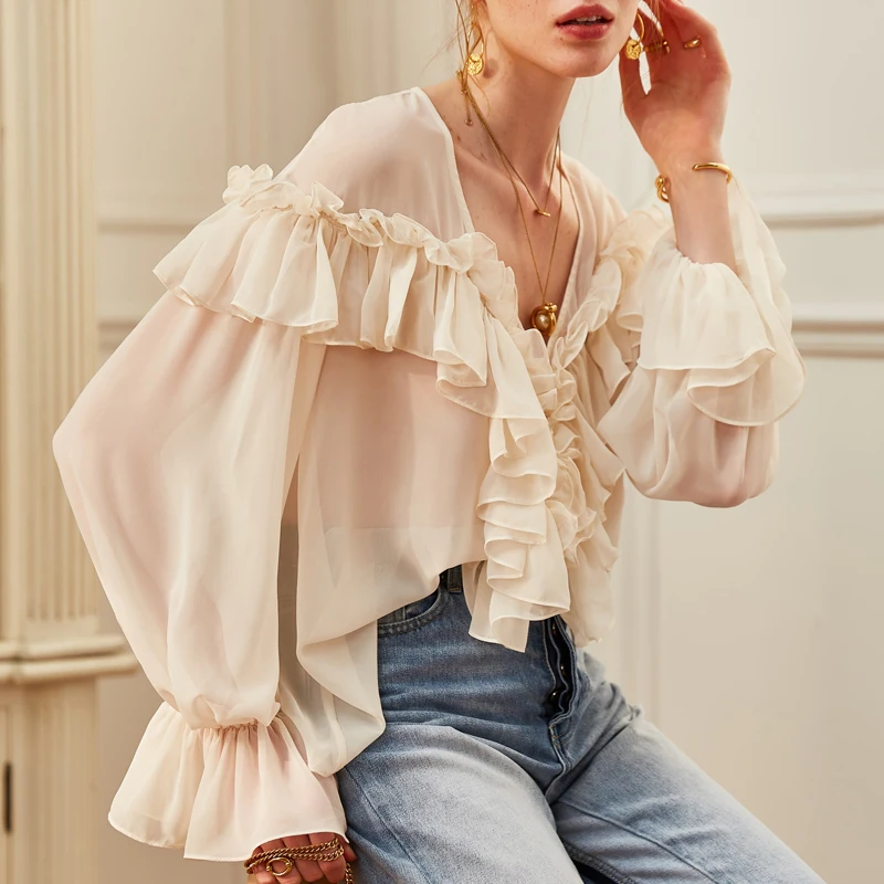 

AEL Soft Thin Translucent Chiffon Blouse Women Flounce Shirt Elegant Womens Tops 2019 Ladies Summer Loose Perspective Top