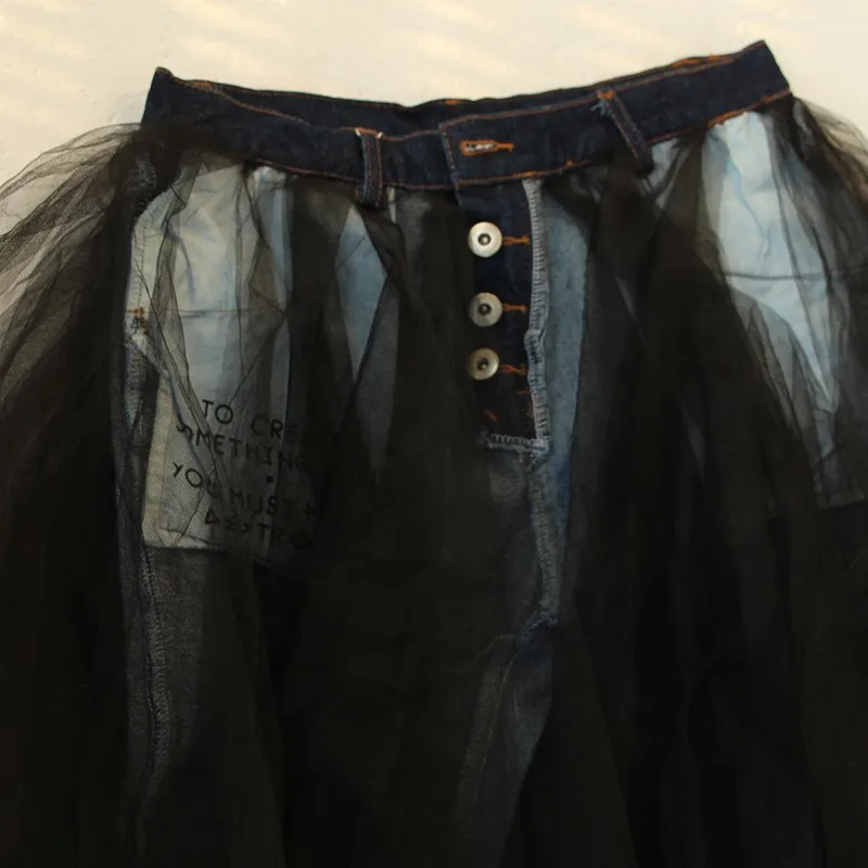 TWOTWINSTYLE Лоскутные сетчатые джинсовые брюки карандаш женские рваные с высокой талией винтажные джинсы Брюки Женская повседневная одежда осень - Цвет: black Jeans