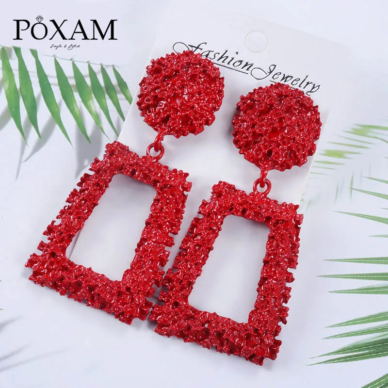 

POXAM statement geometric metal drop earrings for women 2019 summer fashion red gold black ear hanging Pendant earring jewelry
