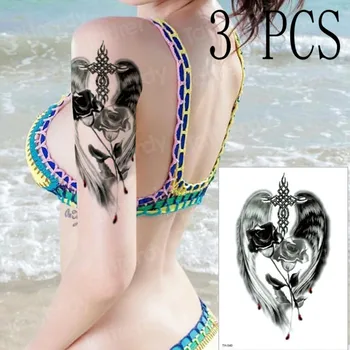 

3pcs/lot temporary tattoo mandala Black rose angel wings cross henna tattoo sticker sexy girls arm tattoo black flower tattoos