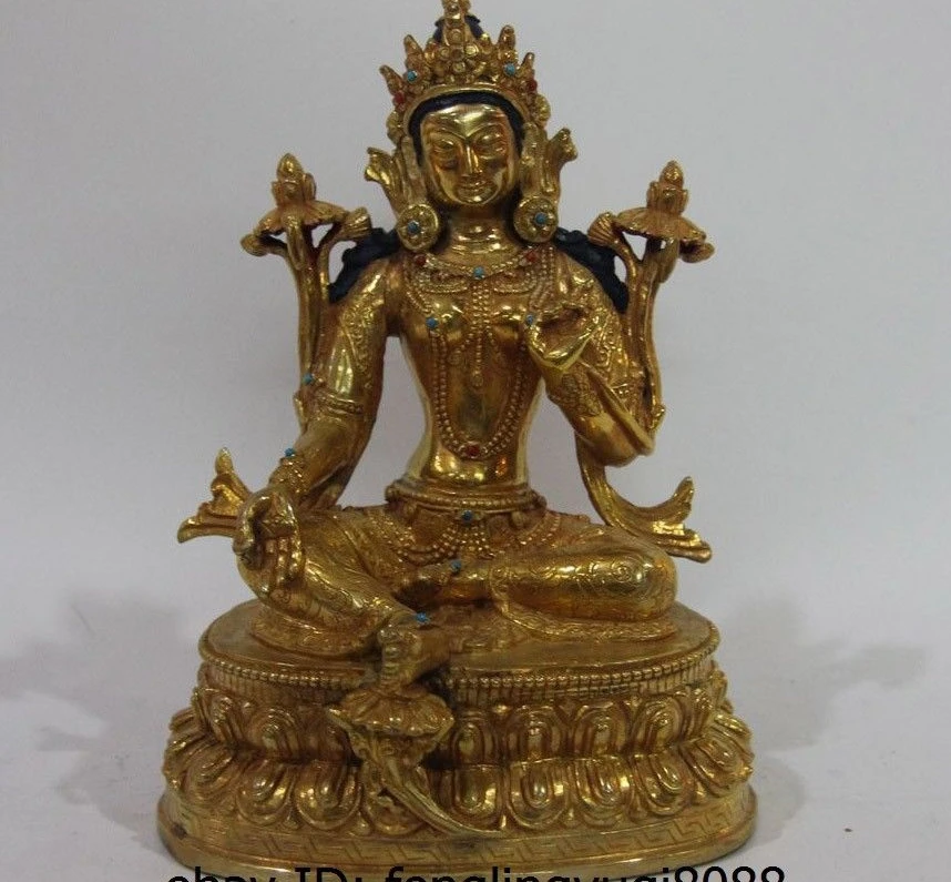 

Nepal temple Bronze Copper 24K Gold Gilt Green TaRa Kwan-yin goddess Guanyin