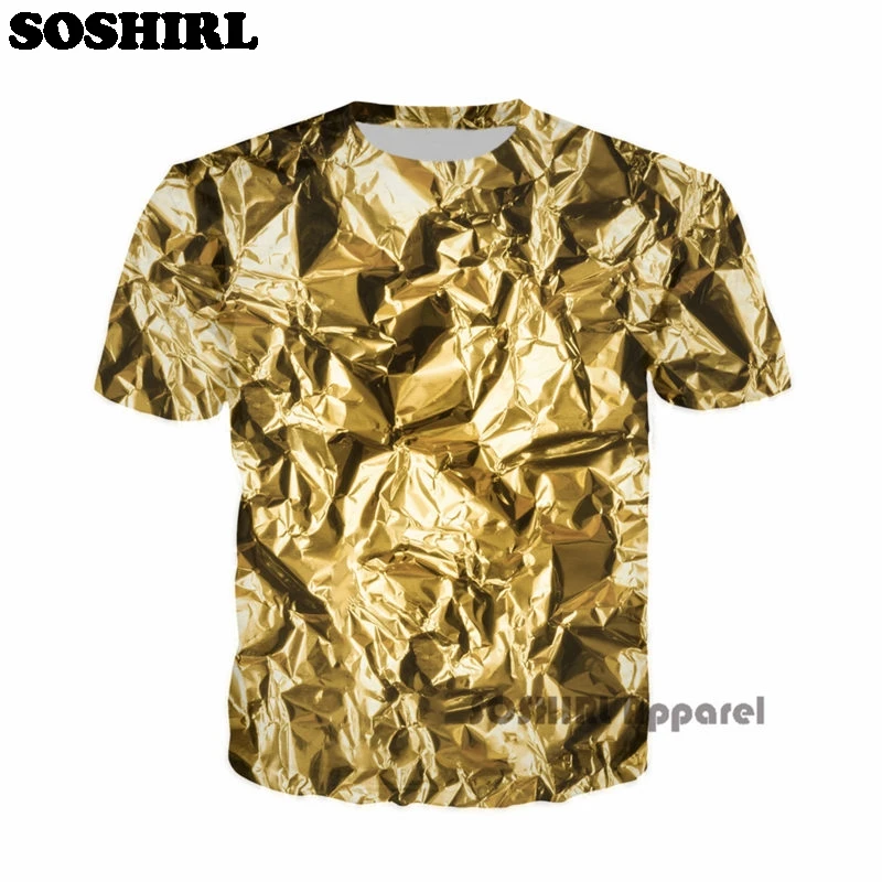 

SOSHIRL Gold Color T-shirt Punk 3D Tin Foil Full Over Print Summer Tops Cool Metal Street Top Tees Short Sleeve T shirt Dropship
