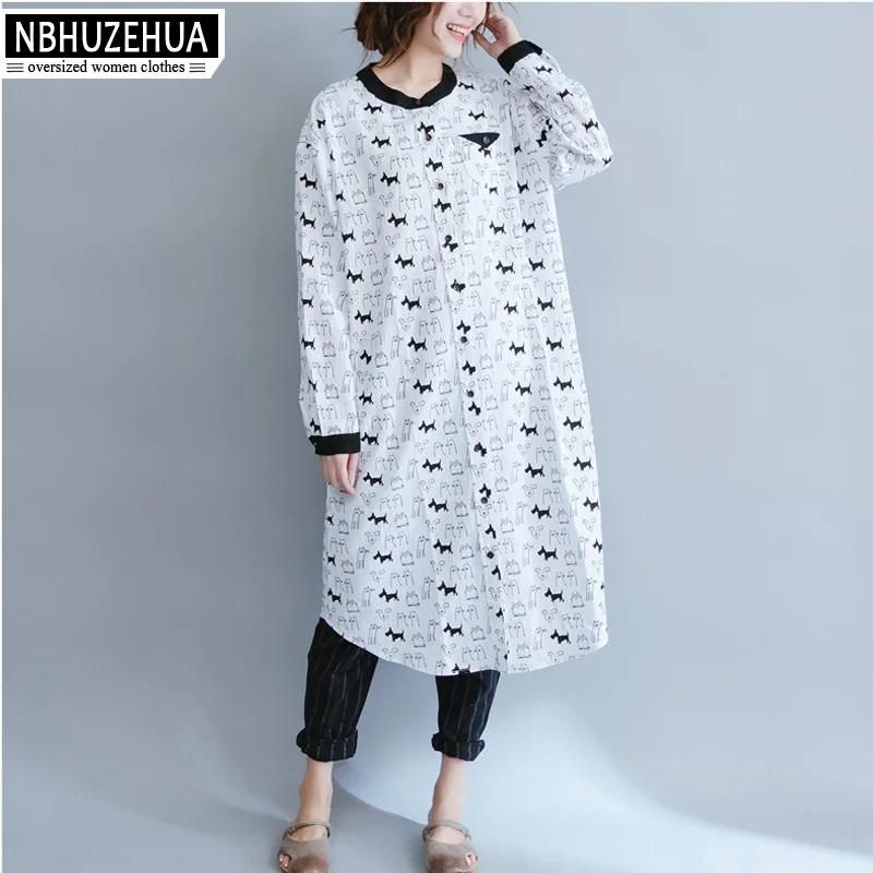 NBHUZEHUA A105 Women's Long Sleeve Blouse Spring 2018 Kawaii Dog Cat