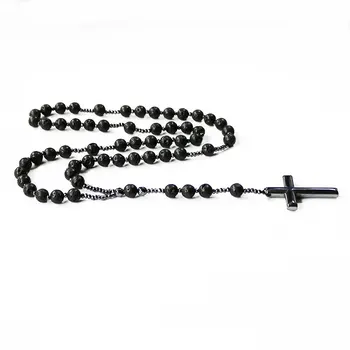 

10 Ave Maria Natural Black Volcanic Lava Stone Beads Unisex Rosary Necklace Prayer Cross Pendant Necklace