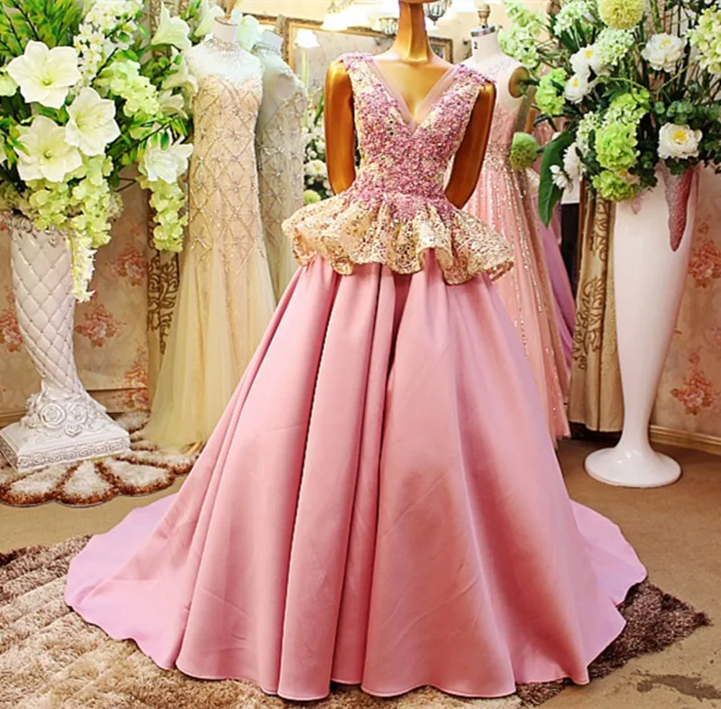 A line V Neck Cheap Dresses Satin Lace Crystal Beaded Long Evening