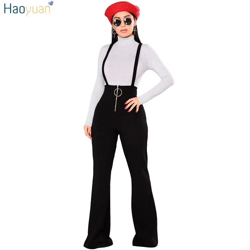 HAOYUAN Front Zip Jumpsuits Autumn Winter Backless Spaghetti Strap Sexy Bodysuit Overalls Wide Leg Pants Rompers Womens Jumpsuit