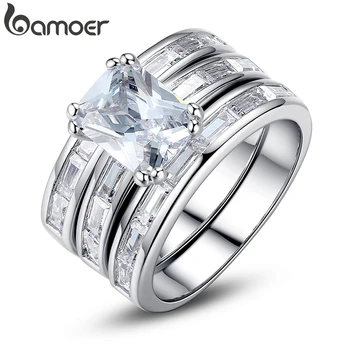 

BAMOER Silver Color Bridal Set Finger Ring for Ladies Women with Paved Micro Cubic Zircon Crystal Jewelry Wedding YIR030