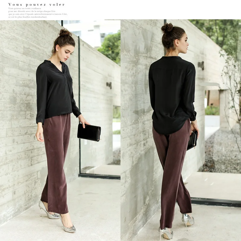 Женская шелковая блузка с длинным рукавом Базовая Блузка v образным вырезом 100%