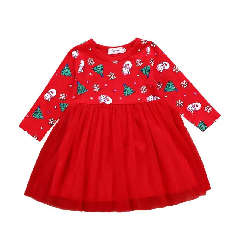 

Christmas Party Cute Toddler Baby Girls Dress Long Sleeve Pattern Print Lace Patchwork Knee-Length Tutu Dress Outfit 1-6Y