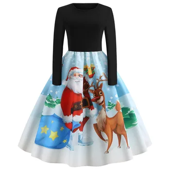 

Women Christmas Dress 2018 Winter Long Sleeve Xmas Santa Print Vintage Dresses Elegant Midi Party Dress Plus Size Vestidos