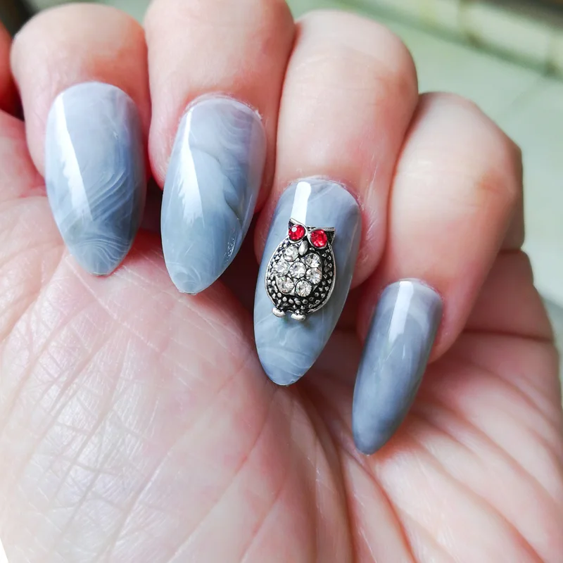 

Cool owl fake nails grey marble press on nail tips 24PCs free stickers