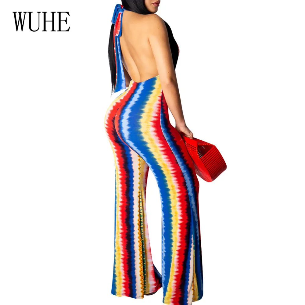 WUHE Retro Sleeveless Open Back Halter Jumpsuits Summer Sexy Hollow Out Wide Leg Playsuits Femme Casual Party Dyeing Bodysuits WUHE Retro Sleeveless Open Back Halter Jumpsuits Summer Sexy Hollow Out Wide Leg Playsuits Femme Casual Party Dyeing Bodysuits