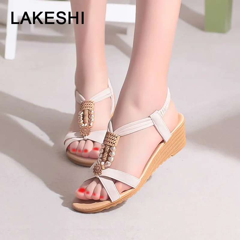 

LAKESHI Summer Women Sandals Bohemian Wedge Sandals Ladies Sandals 2018 String Bead Fashion Peep Toe Beach Sandals Female Shoes