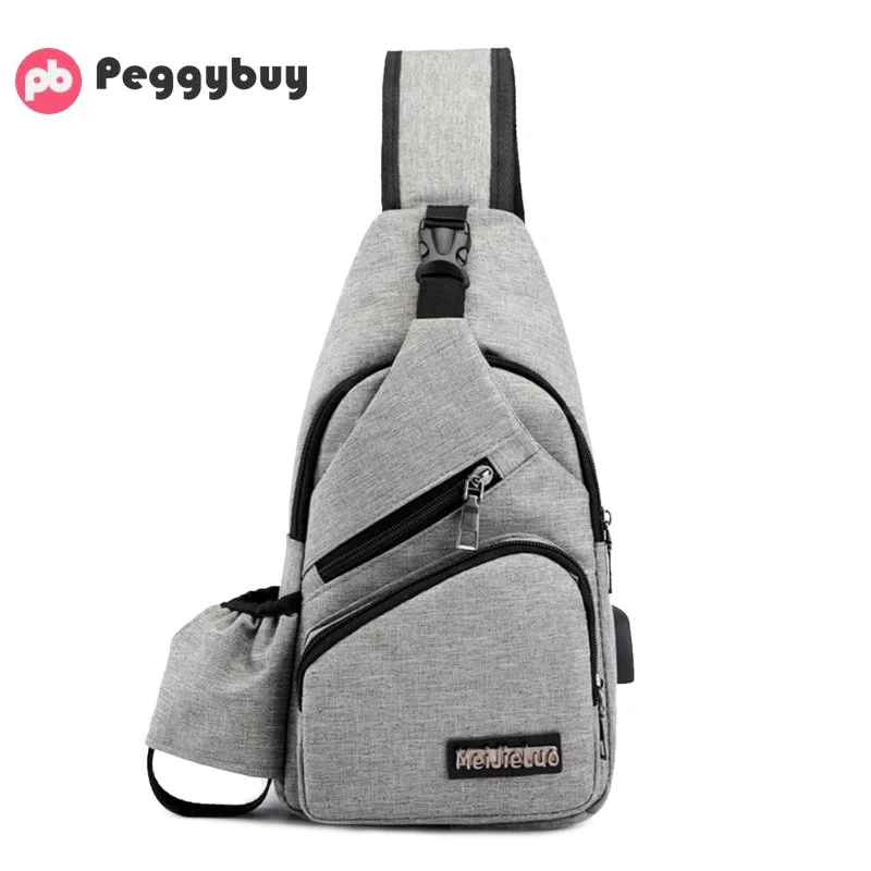 

Pure Color USB Charging Shoulder Pack Men Oxford Cloth Crossbody Chest Bags Chest Bag Men With Side Bottle Pocket Oxford Sling