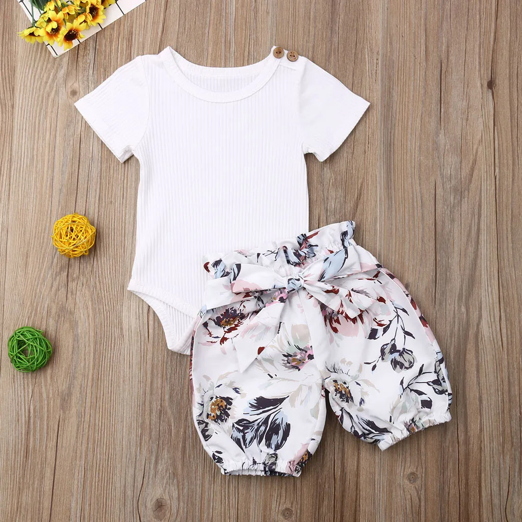 

2pc Toddler Girls Baby Clothing Solid Romper Tops Bow Floral Shorts Casual Outfits Set Newborn Clothes