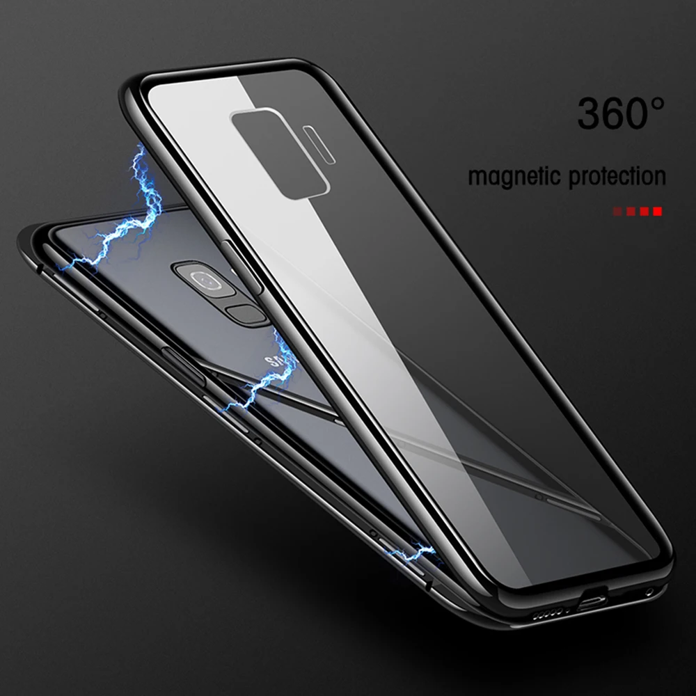 Eqvvol Magnetic Adsorption Metal Case For Samsung Galaxy S9 S8 Plus S7 Edge Tempered Glass Back Magnet Cover For Note 8 9 Cases