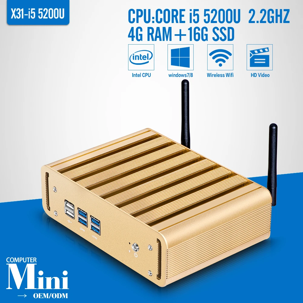 mini computer price Fanless pc Core I5 5200U 4G RAM DDR3L 1.35V 16G SSD with WIFI desktop Computer Windows 7/8/10/Linux