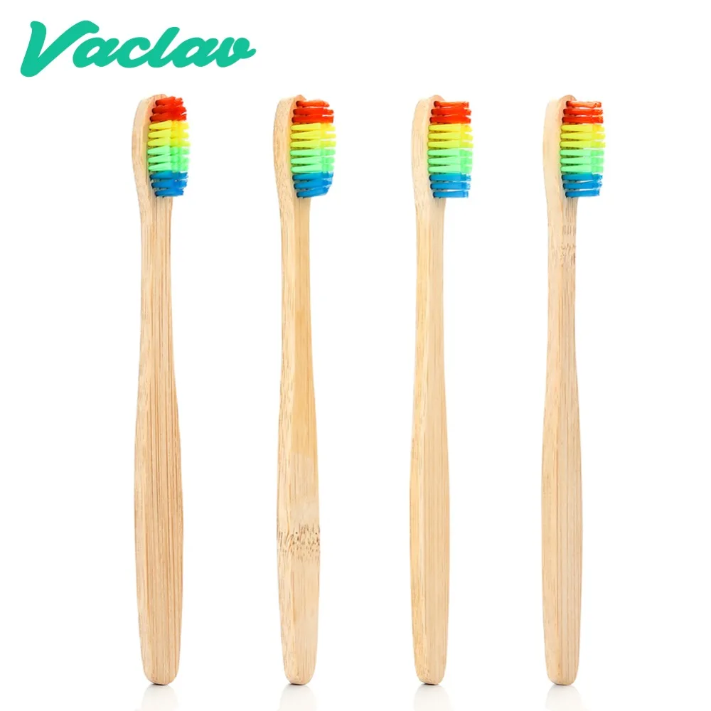 Vaclav 4Pcs Rainbow BambooToothBrush BambooToothBrush Fibre Tooth Brush Colorful Wood Wooden Toothbrush Soft Bristle Brush Head