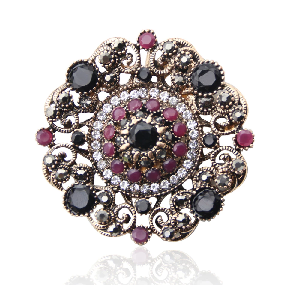 

Vintage Round Resin Flower Turkish Brooch Pin For Women Antique Gold Color Arabesque Rhinestone Brooch Broches Lapel Scarf Pin