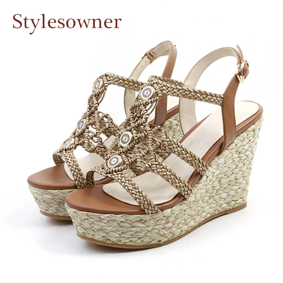 Stylesowner boho straw weave platform wedge heel women sandals shoes
