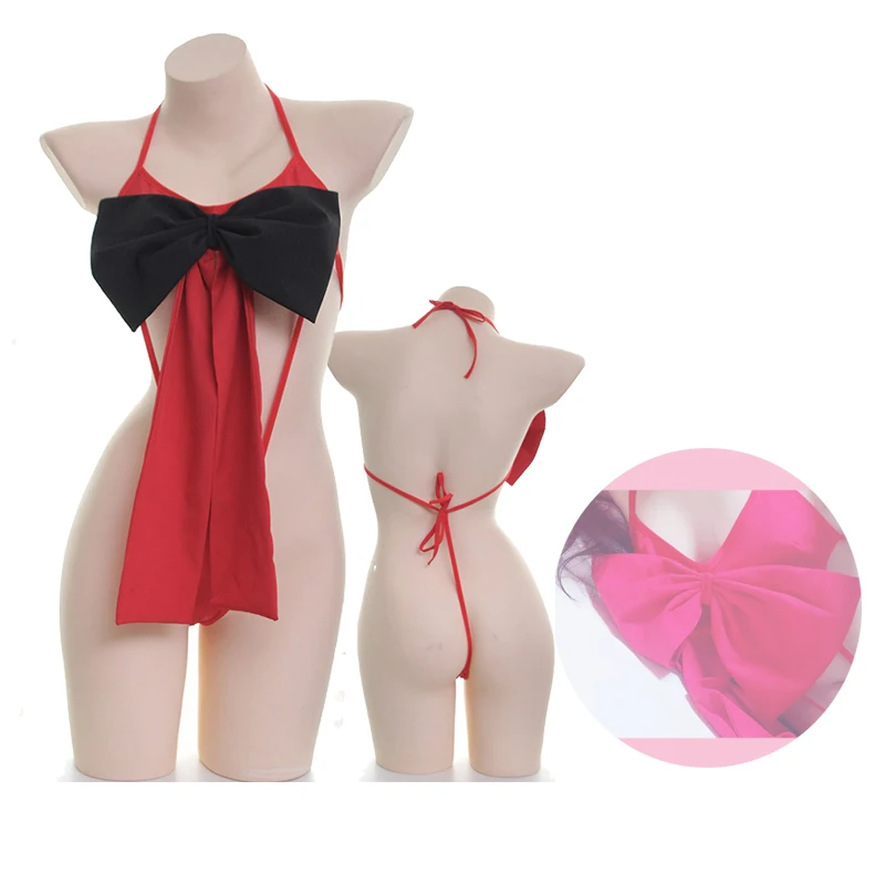 Red Big Bowknot Bow Tie Bikini Jumpsuits Sexy Lolita Student Woman Girl Underwear lingerie Badydoll Bra T-back Cosplay Sex Gift
