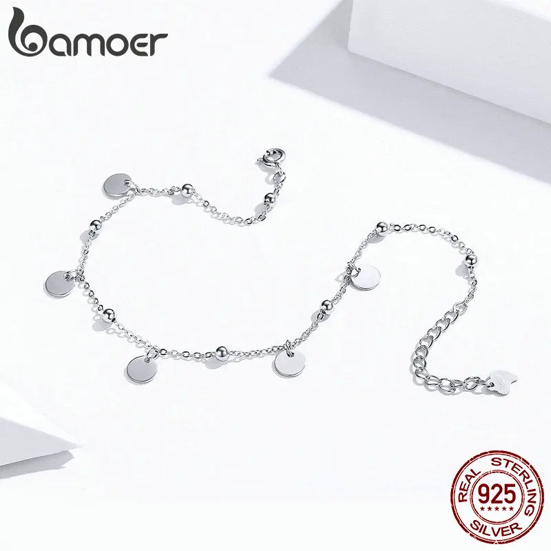 bamoer Silver Beads Anklets 925 Sterling Silver Geometric Minimalist Summer Fashion Foot Jewelry Bracelet for Ankle SCT011