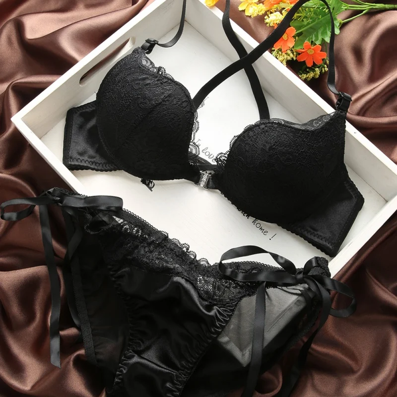Hot Woman Lingerie Sexy Front Buckle Bra Front Closure U Shape Push Up 2PCS Lace Bra Set Pant