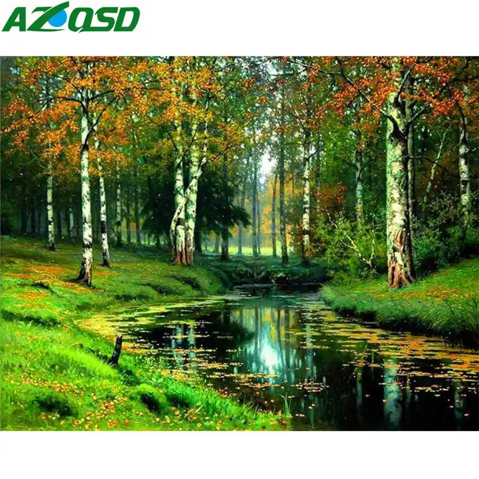 

AZQSD Diamond Painting Birch Forest Full Square Diamond Mosaic Scenery Picture Of Rhinestones Home Decor Handmade Crafts