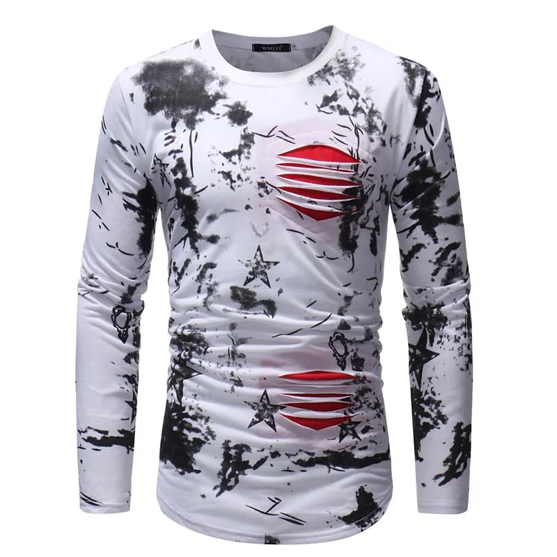 

2018 New Fashion Men'S Round Neck Slim Tie-Dye Hole Long-Sleeved T-Shirt Sleeve Style Hip Hop T-Shirt Men'S Shirt XXL t886