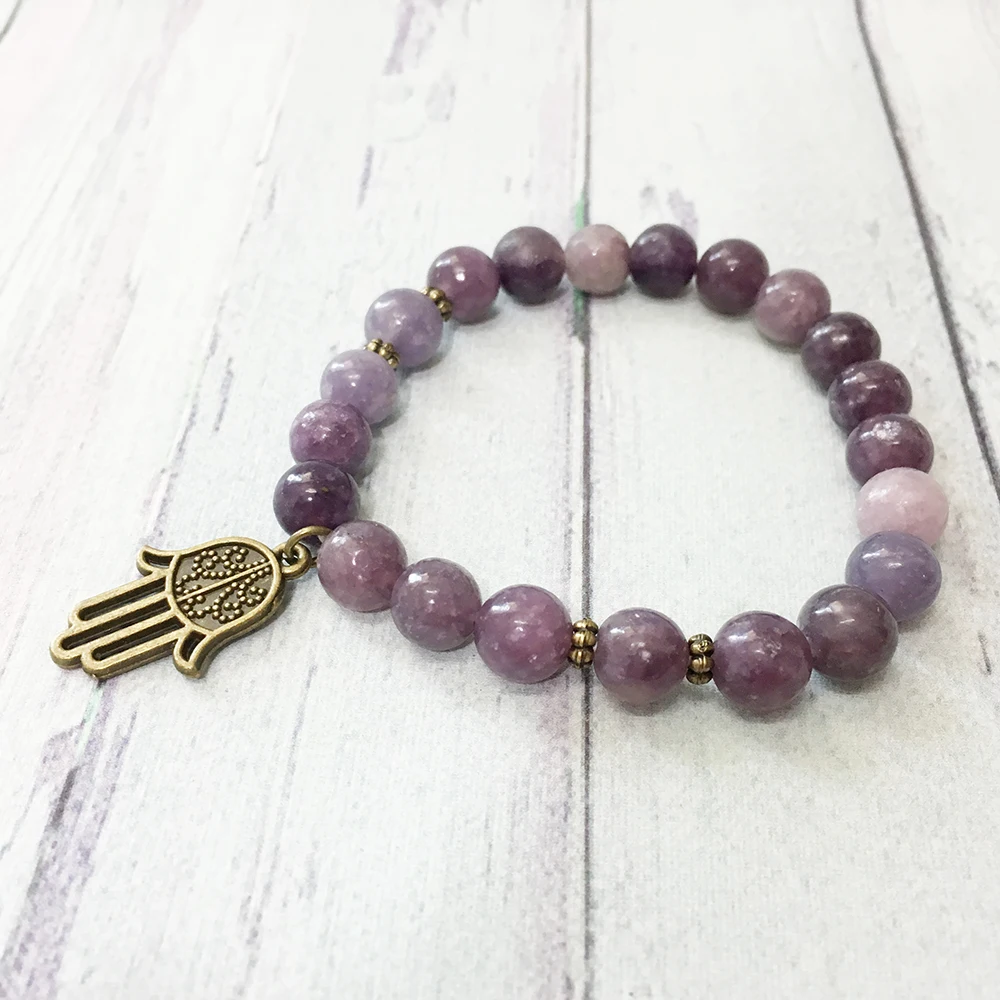 Браслет Ruberthen Natural 8 мм Lepidolite женский браслет Third Eye Chakra Hamsa браслет женственный энергетический духовный браслет