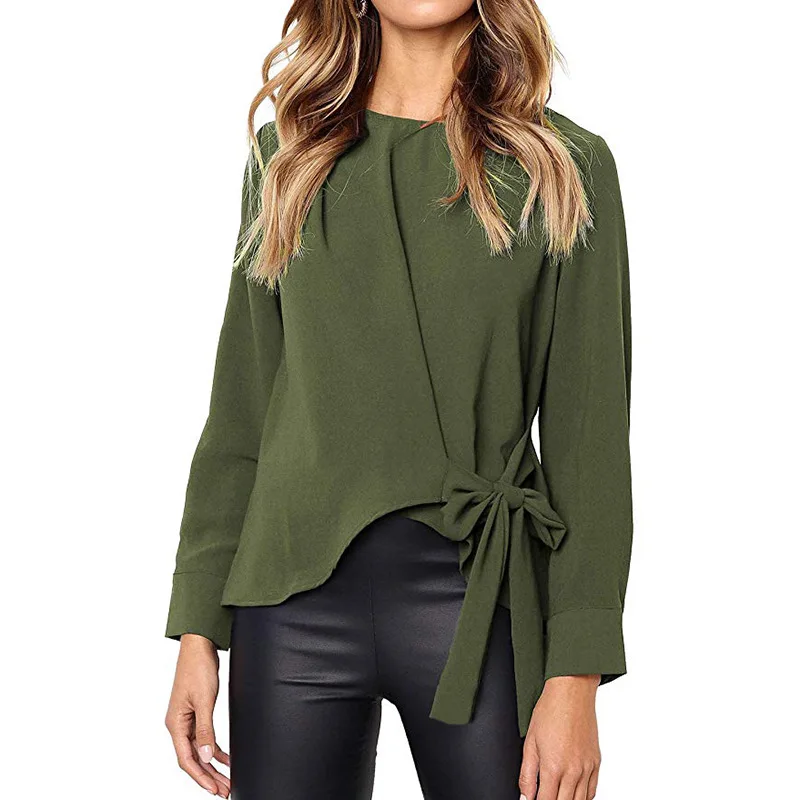 

Autumn O-Neck Casual Loose Blouses Tops Irregular Bow Tie Women Blouse Shirt Blusas Long Sleeve Button Streetwear Shirts