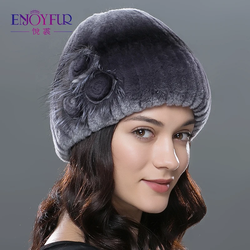 

ENJOYFUR winter women fur hat natural knitted rex rabbit silver fox fur caps fashion fur caps with floral brand female hat sale