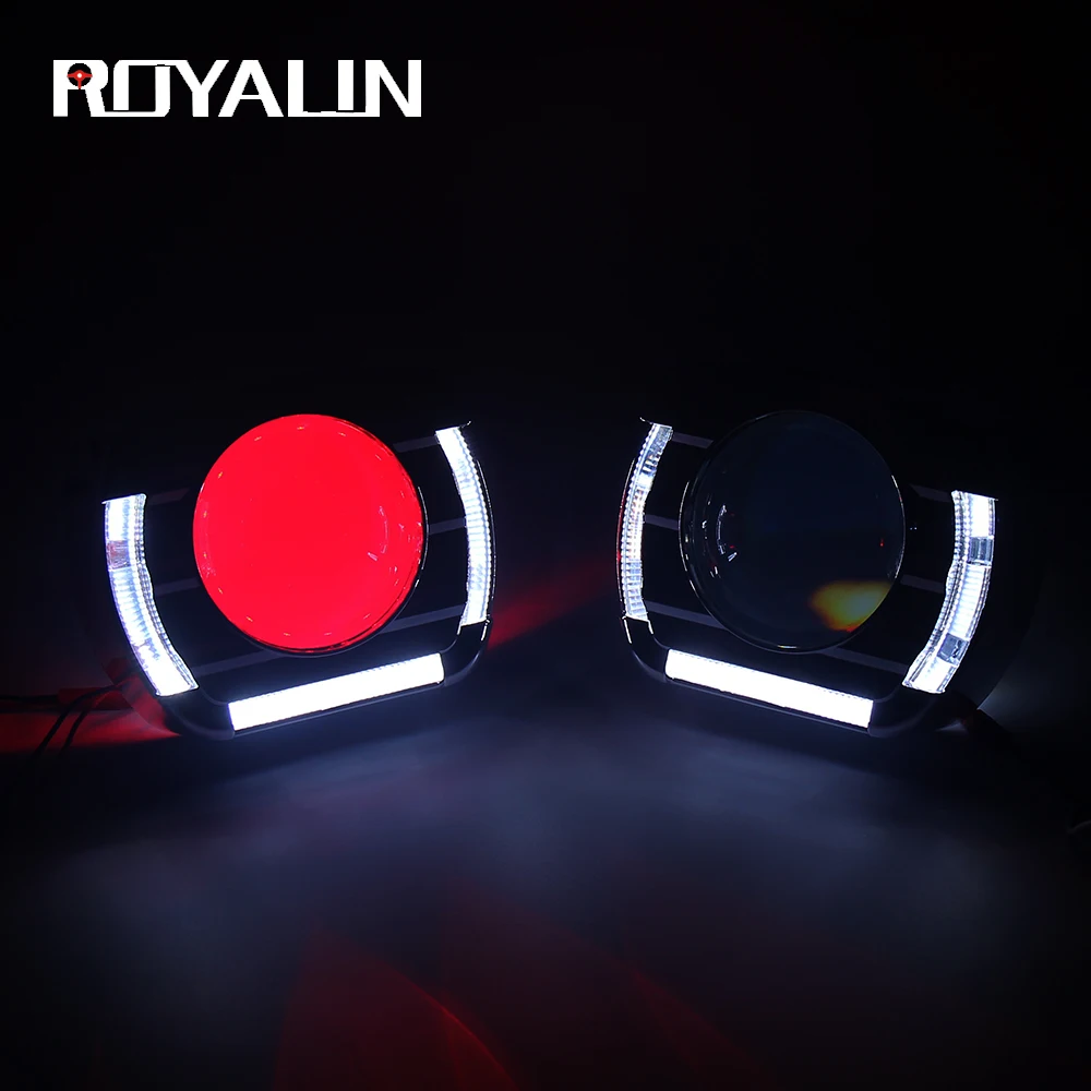 Kopen ROYALIN LED Angel Eyes DRL Bixenon Projector Lens H1 Koplamp Volledig Metalen Flatboy Maskers Auto H4 H7 Lamp Wit Geel duivel ogen