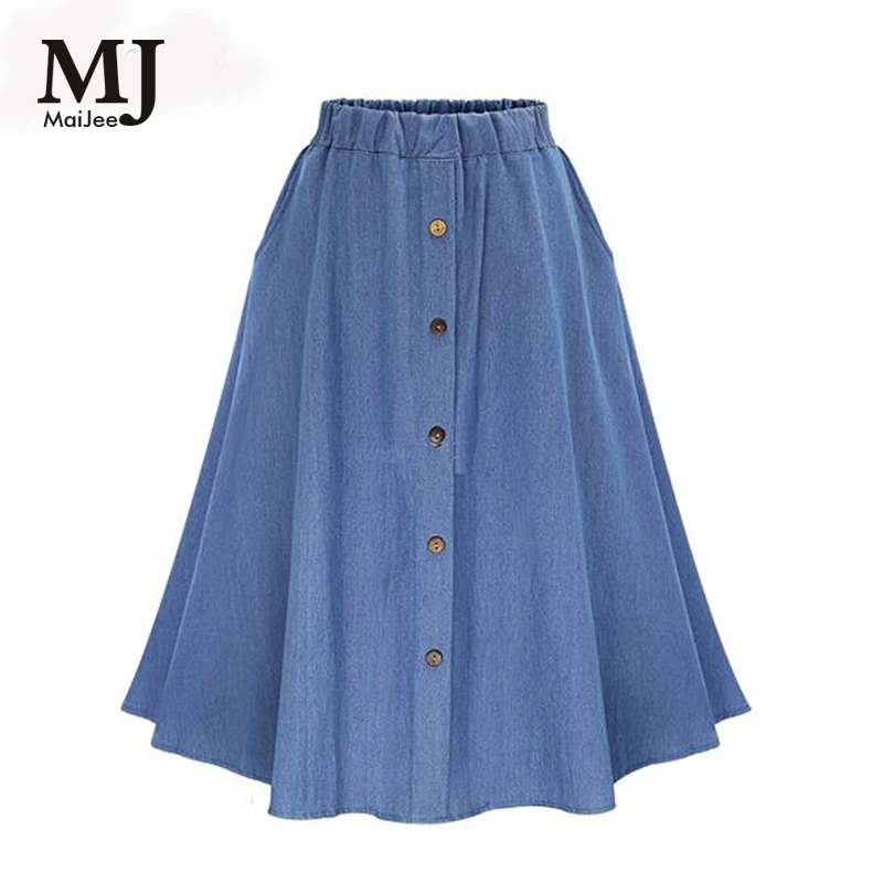 

MaiJee 2017 New Summer Cotton Jeans Skirt Vadim Faldas Pleated Skirt Faldas Mujer Saias Na Altura Do Joelho Saia Plissada Denim