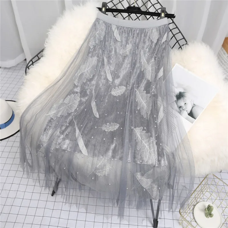 Длинная Тюлевая юбка с вышивкой и перьями, женская летняя элегантная плиссированная юбка макси, Jupe Femme, эластичная юбка с высокой талией - Цвет: Серый
