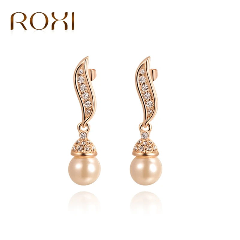 

ROXI Imitation Pearl Earrings Rose Gold Color Brincos Elegant Crystal Dangle Earrings Wedding Earrings for Women Jewelry