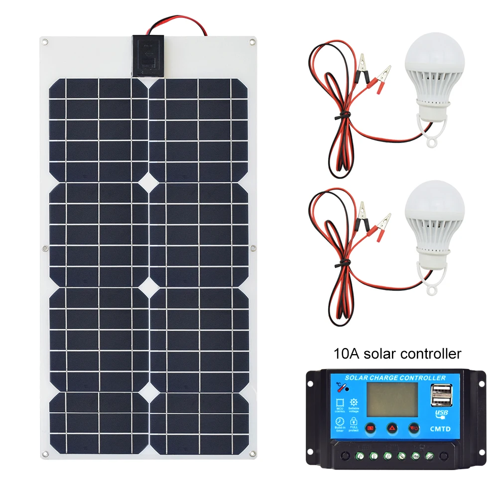 

30W 18V Flexible Solar Panel+12v24V 10A USB controller+5w 12v Led Light Solar Charger Battery for Car Boat Solar System kits