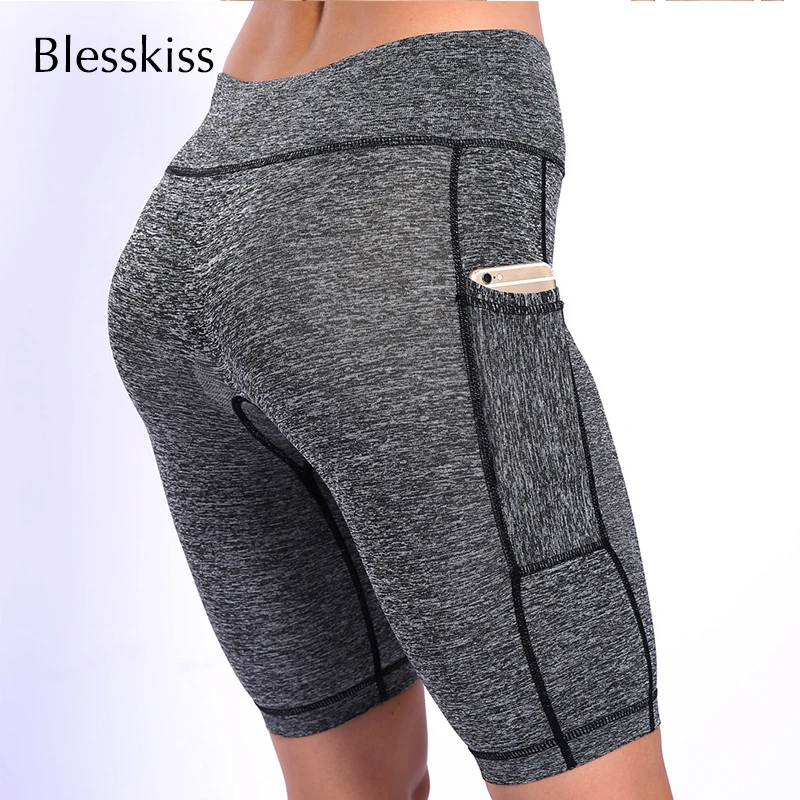 BLESSKISS женские шорты для йоги, с высокой талией, для спортзала, спорта, фитнеса, одежда до колена, спандекс, Lulu, женские леггинсы с карманами