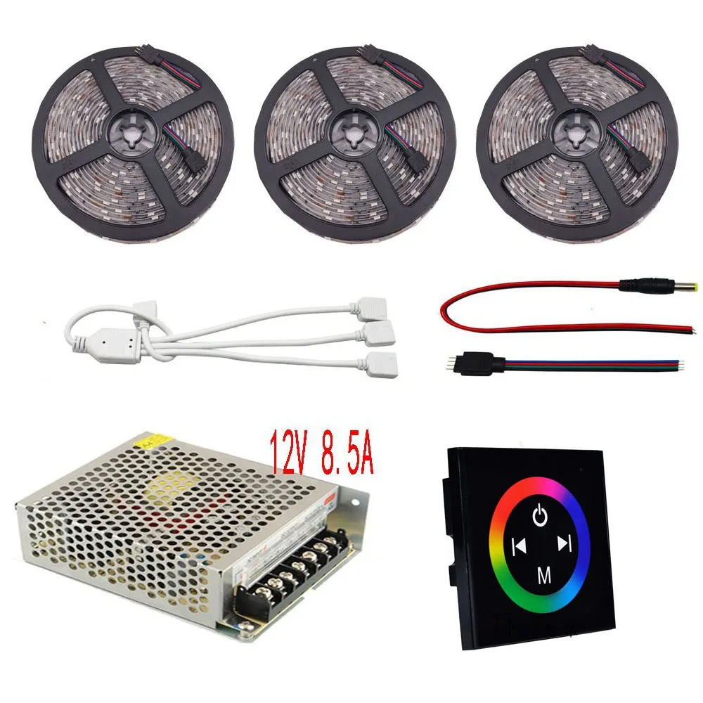 5 м-20 м 5050 SMD DC12V 30led/m светодиодный гибкий свет RGB светодиодные полосы набора + DC12V-24V 3 канала Touch RGB led контроллер + Мощность адаптер