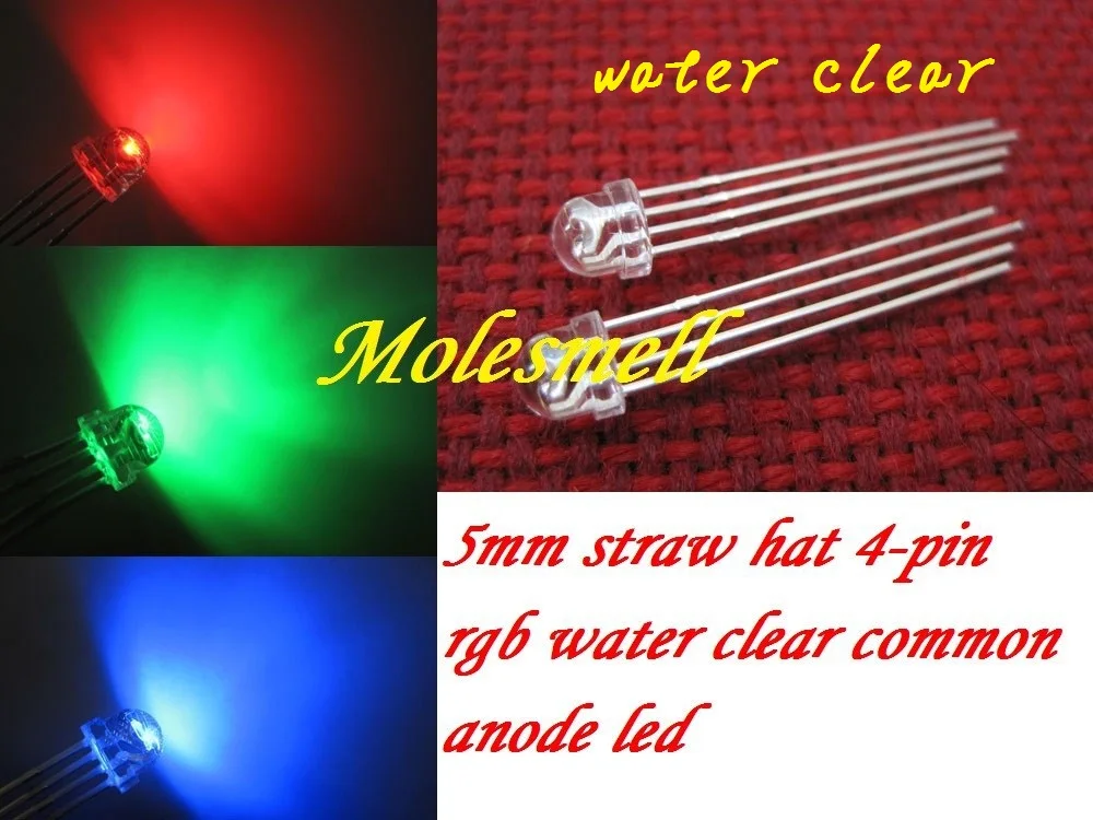 

1000pcs 5mm Straw Hat 4-Pin Transparent Tri-Color RGB Common Anode Red Green Blue LED Leds water clear led lens